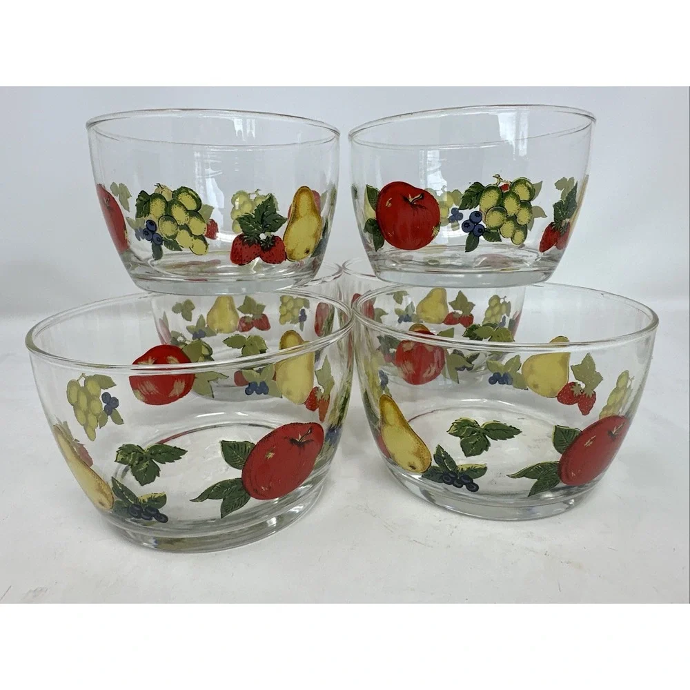 Set Of 4 Vintage Libbey Fruit Garden Harvest Glass Bowls 4.25 x 2.75 EUC